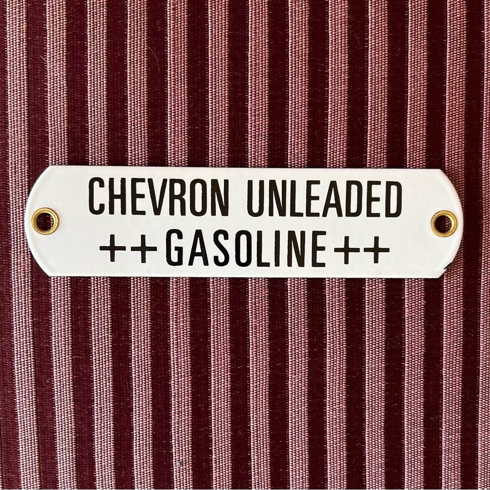 Vintage, new, old stock CHEVRON oil Unleaded Gasoline porcelain gas pump tag